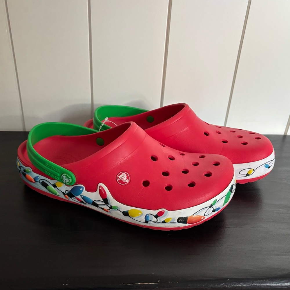 CROCS Red and Green ugly Christmas sweater crocs 
Size 8M, 10W